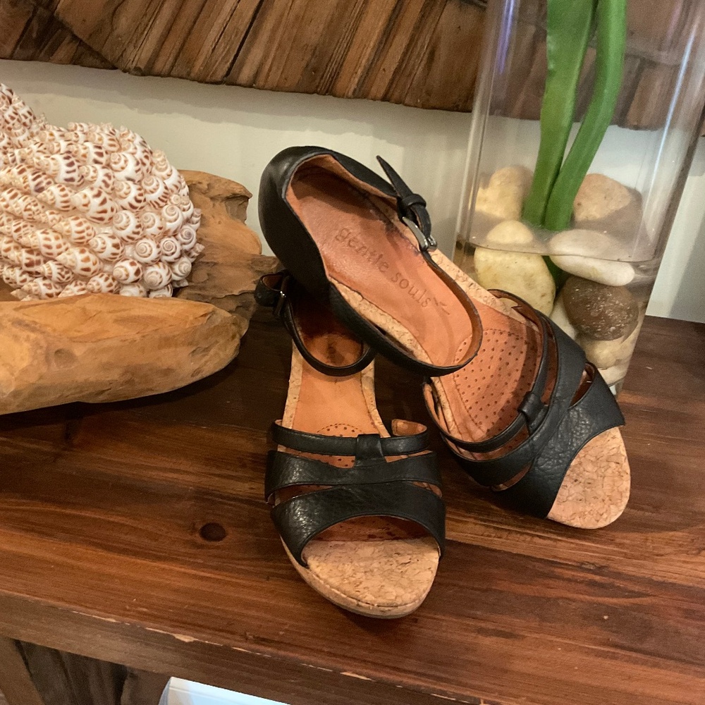 gentle souls Black Cork Wedge Sandals with Ankle Strap